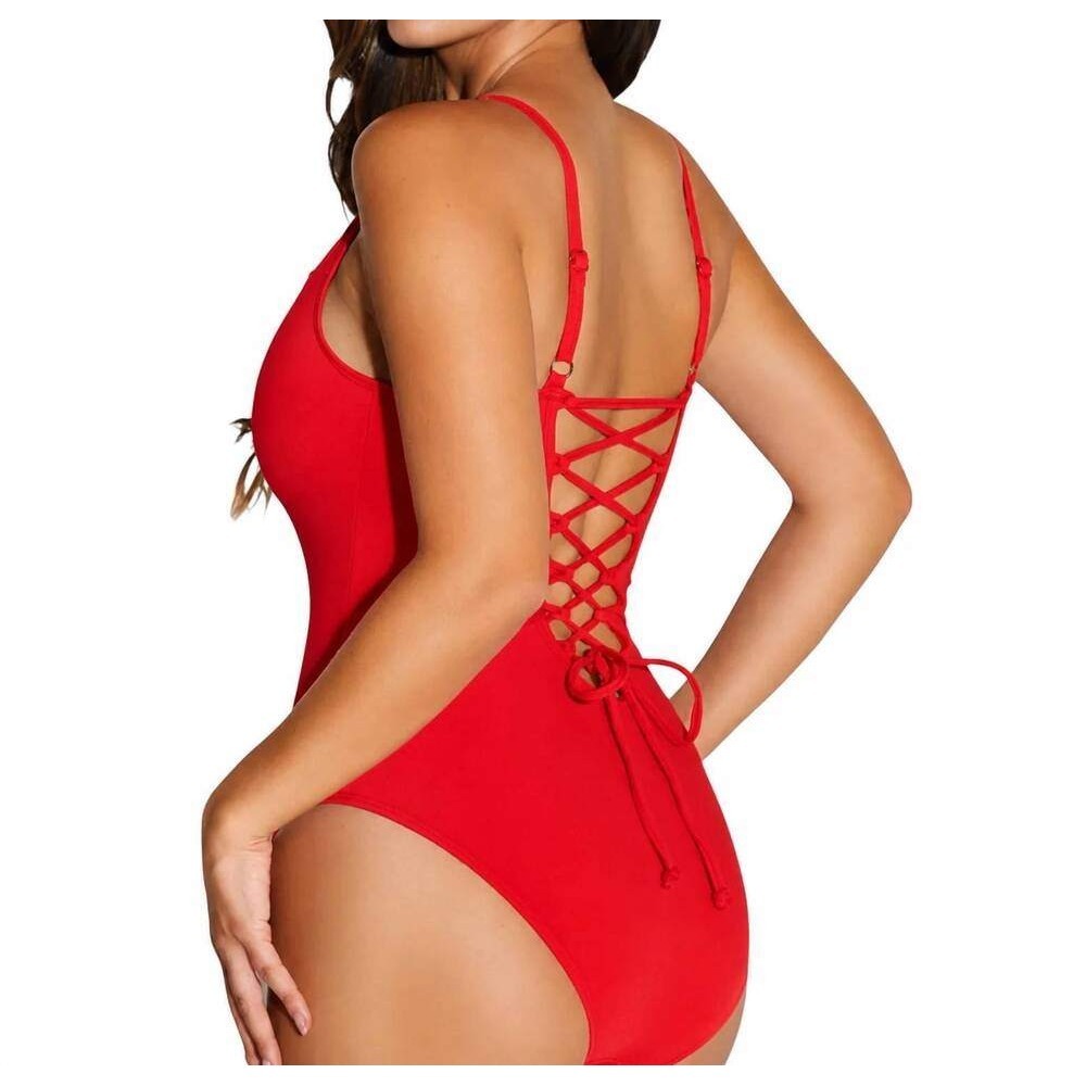 TA3 Plungey Sculpting One Piece Swimsuit Red Lace Up Back 2X Short 4.0 Vixen
